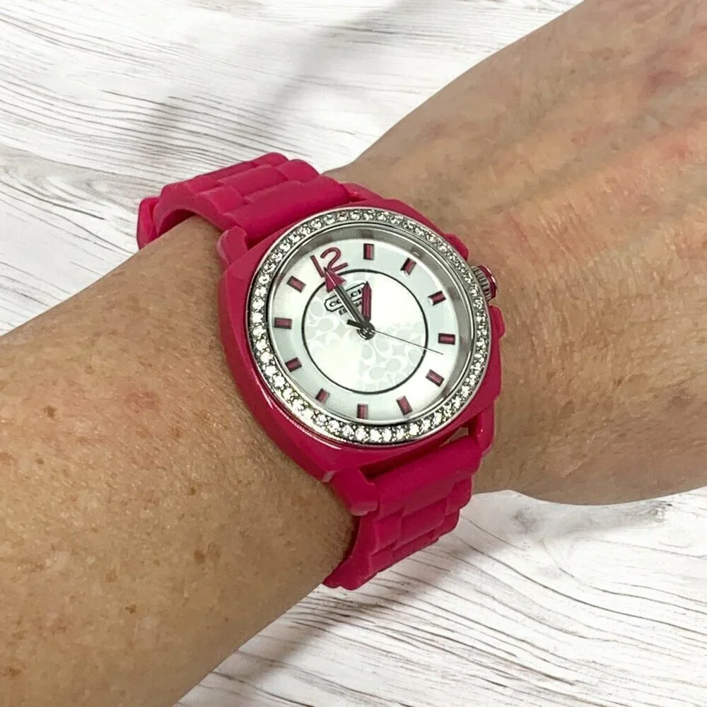 Coach Women's Boyfriend Watch Pink Silicone Strap With Crystal Bezel & Logo